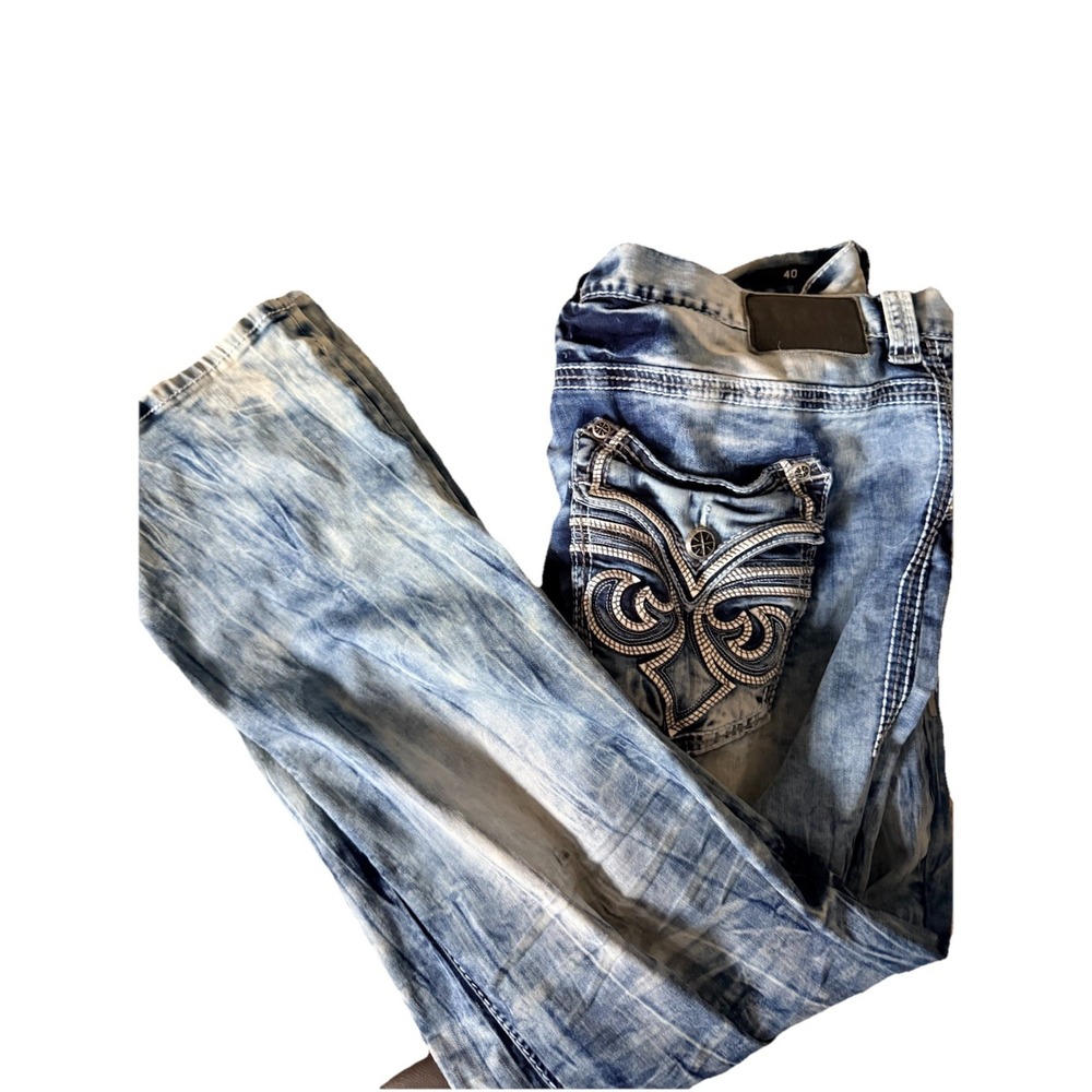 Affliction Ace Jeans Mens Size 40x34 Blue Thick Stitch Whiskers Stretch Biker